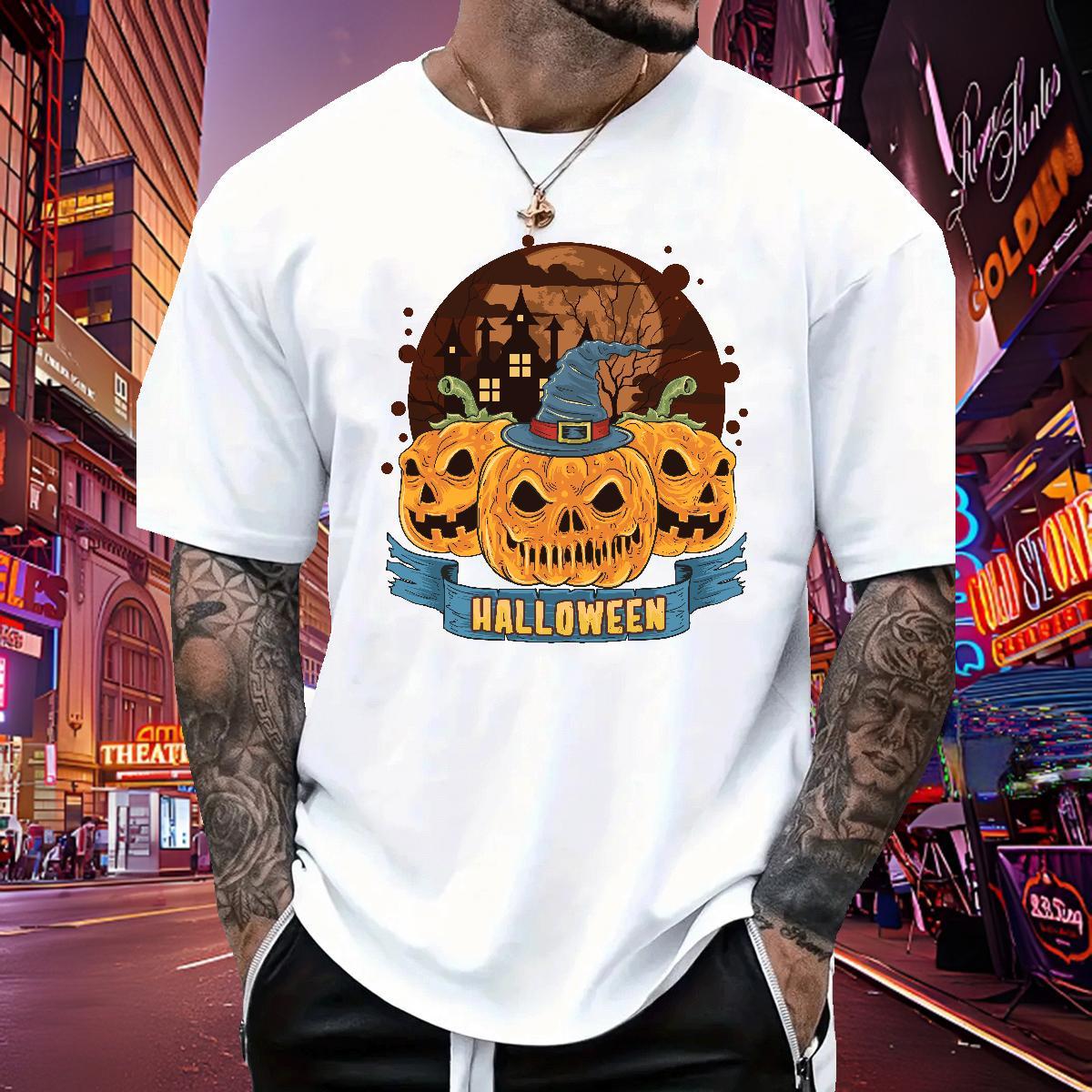 Cool T shirt pumpkin O Neck Short Sleeves Casual Cartoon Print 230g Cotton Mens Tshirts 2024 Designer Tops