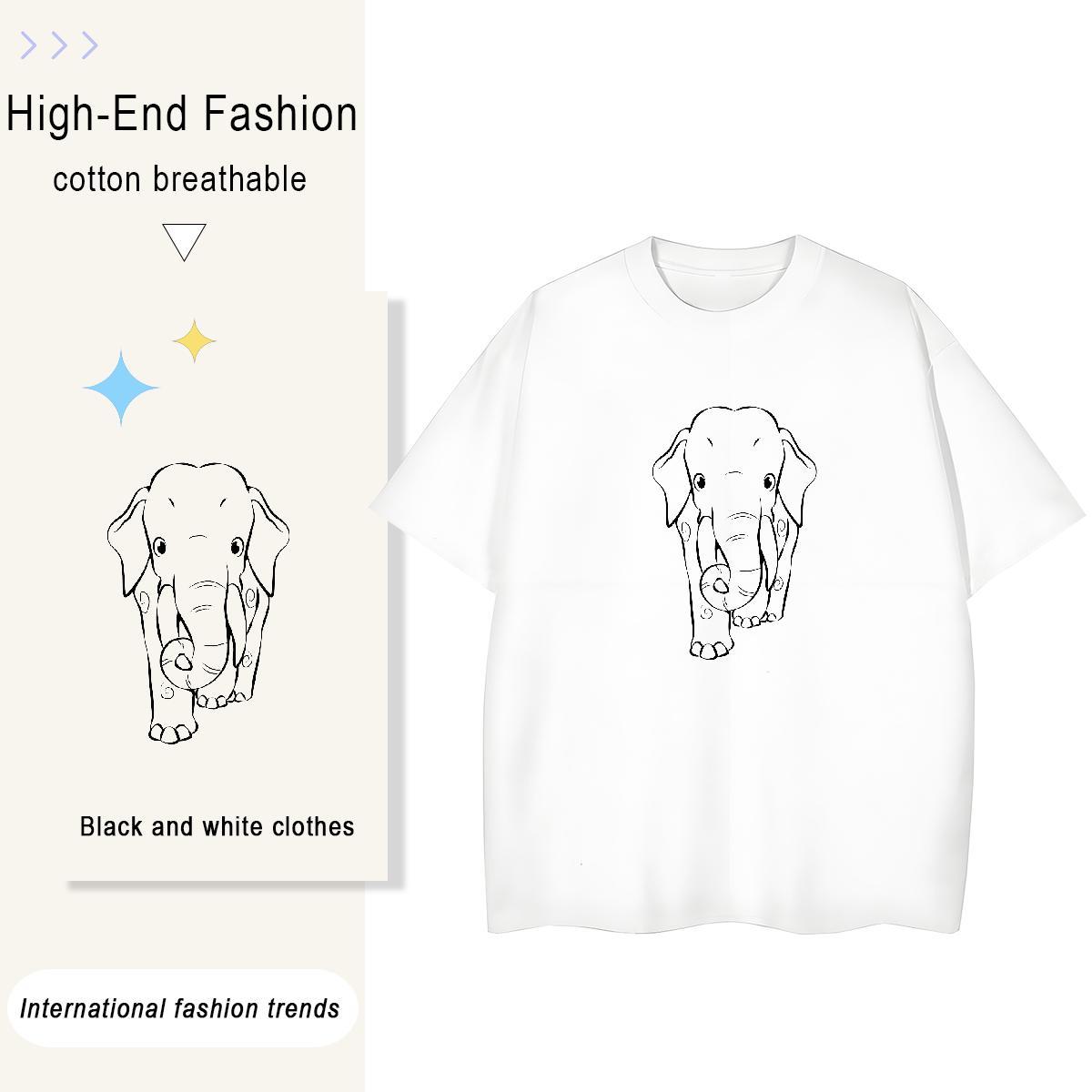 Factory Direct Women Tees Daily Wear Crew Neck Breathable Tee Shirt 5A 100% Cotton 230g Elephant Cartoon Print Woman T Shirts