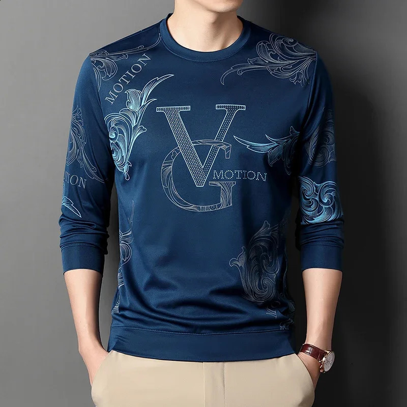 Long sleeved printed T-shirt for men Long sleeved polo shirt with round neck top for men 240820