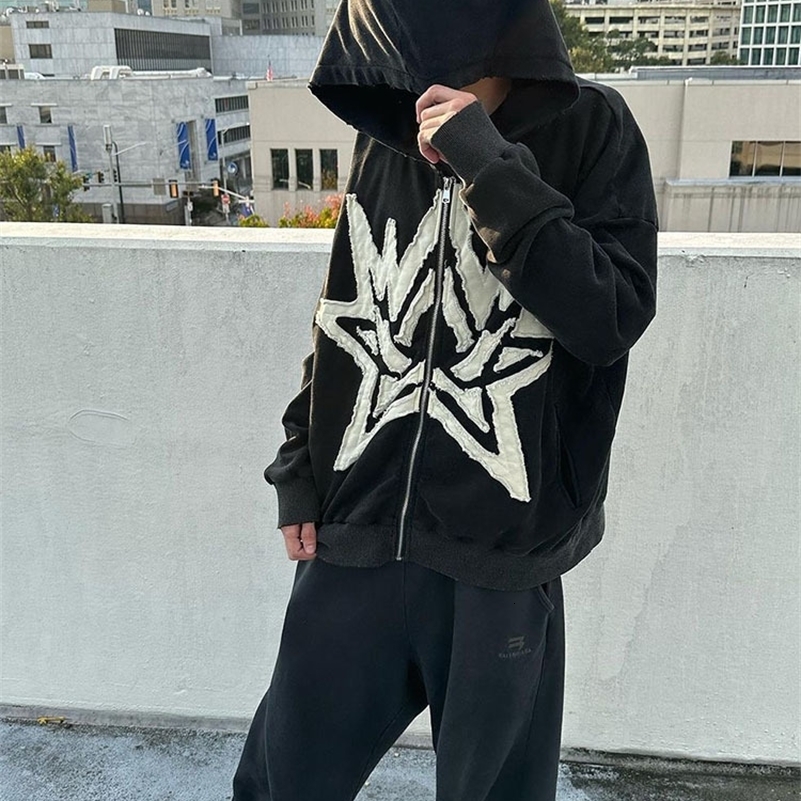 BIG PROMOTION Y2K European and American AutumnWinter Mens Gothic Street Hoodie Embroidered Star Zipper Hooded Casual Sweater 240819