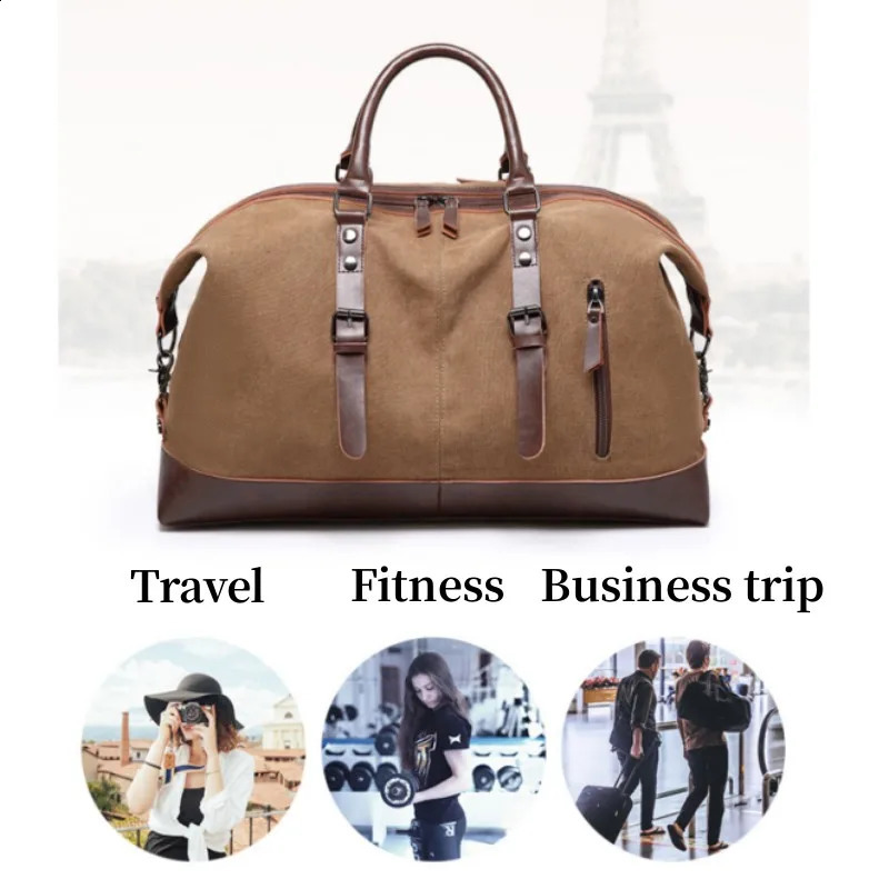 Canvas Travel Bag Men Simulation Leather PU Outdoor Luggage Travel Fitness Bag Large Capacity Tote Handbag Hiking Luggage Bag 240819