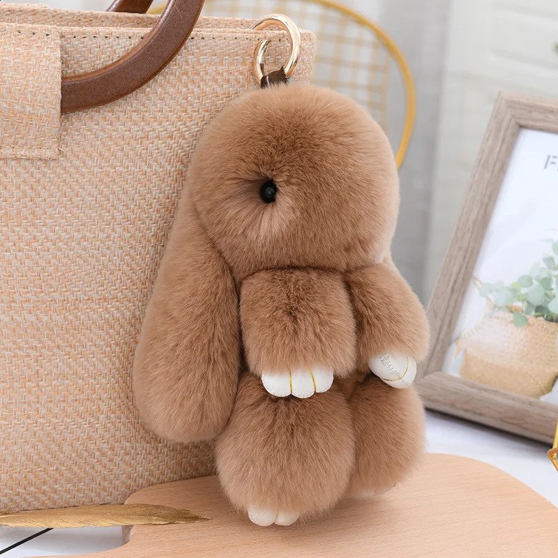 Fluffy and cute rabbit real fur keychain Rex Pom gift toy doll womens bag pendant charm car key ring metal 240820