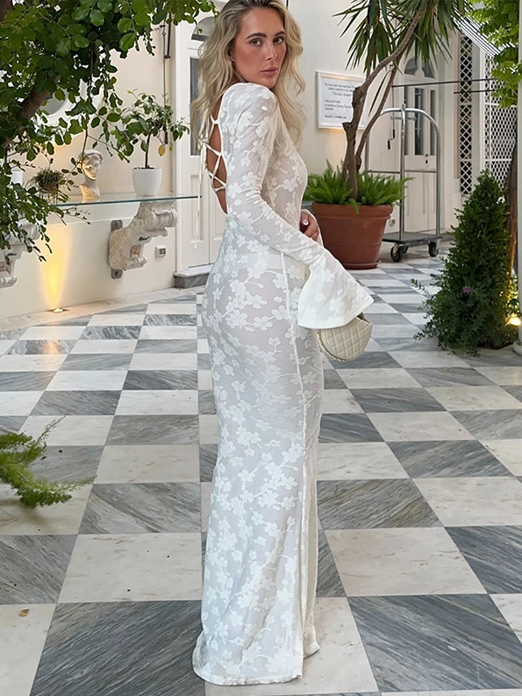 Sexy Knitted Print Maxi White Dress Women Backless Long Flare Sleeve O-neck Slim Party Dresses Female Summer Club Robes 240819