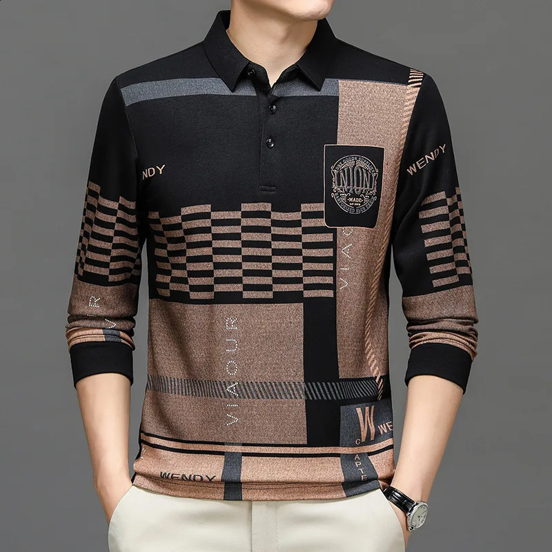 Autumn and Winter T Shirts for Men Long Sleeve Letter Printing Button Striped Polo Tees Turn-down Collar Pullover Tops 240820