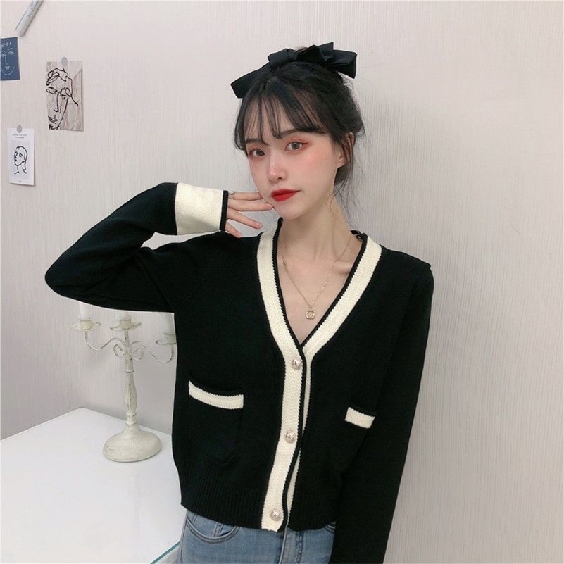 Vintage Women Cardigan Korean Autumn Pearl Button Knitted Sweaters Korean Elegant Office Lady Patchwork Casual Knitwear Top 240819