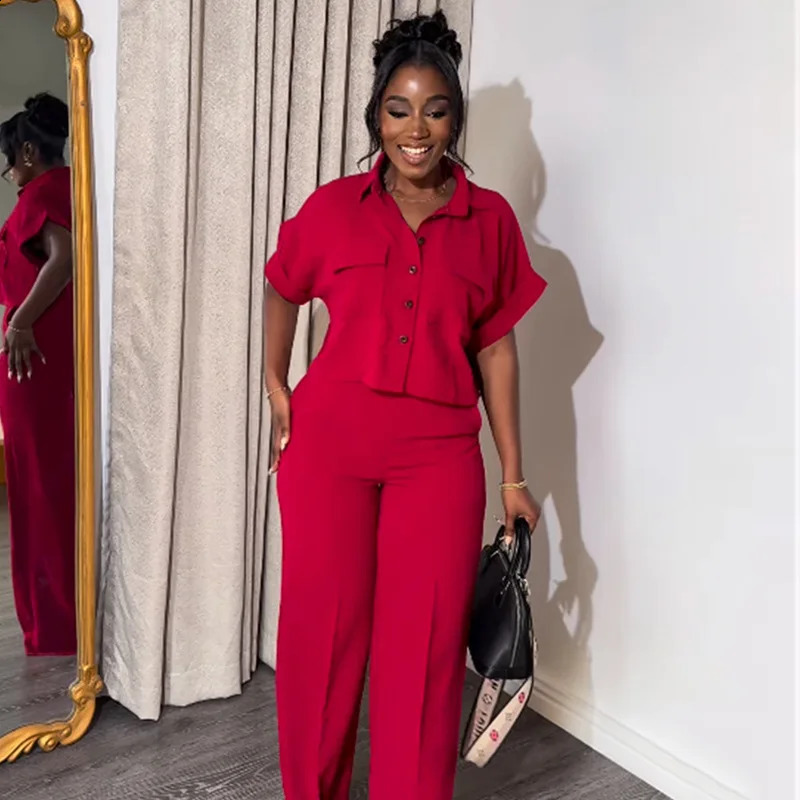 Tracksuit Women Pant Sets Single Breasted Solid Turn Down Collar Cardigan Bouses Button High Waist Wide Leg Pants Basics 240819