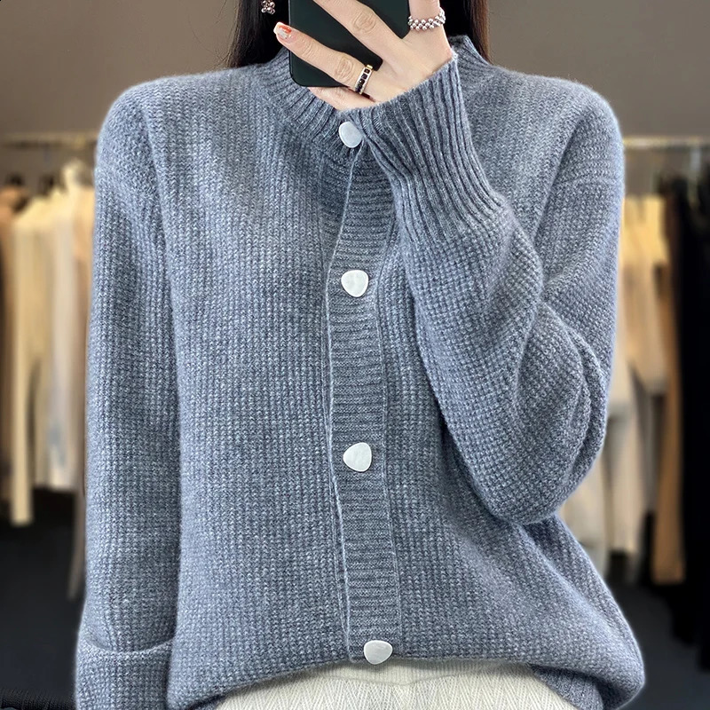 Womens 100% Merino wool knitted cardigan autumnwinter round neck casual jacket loose and warm womens top bottom shirt 240819
