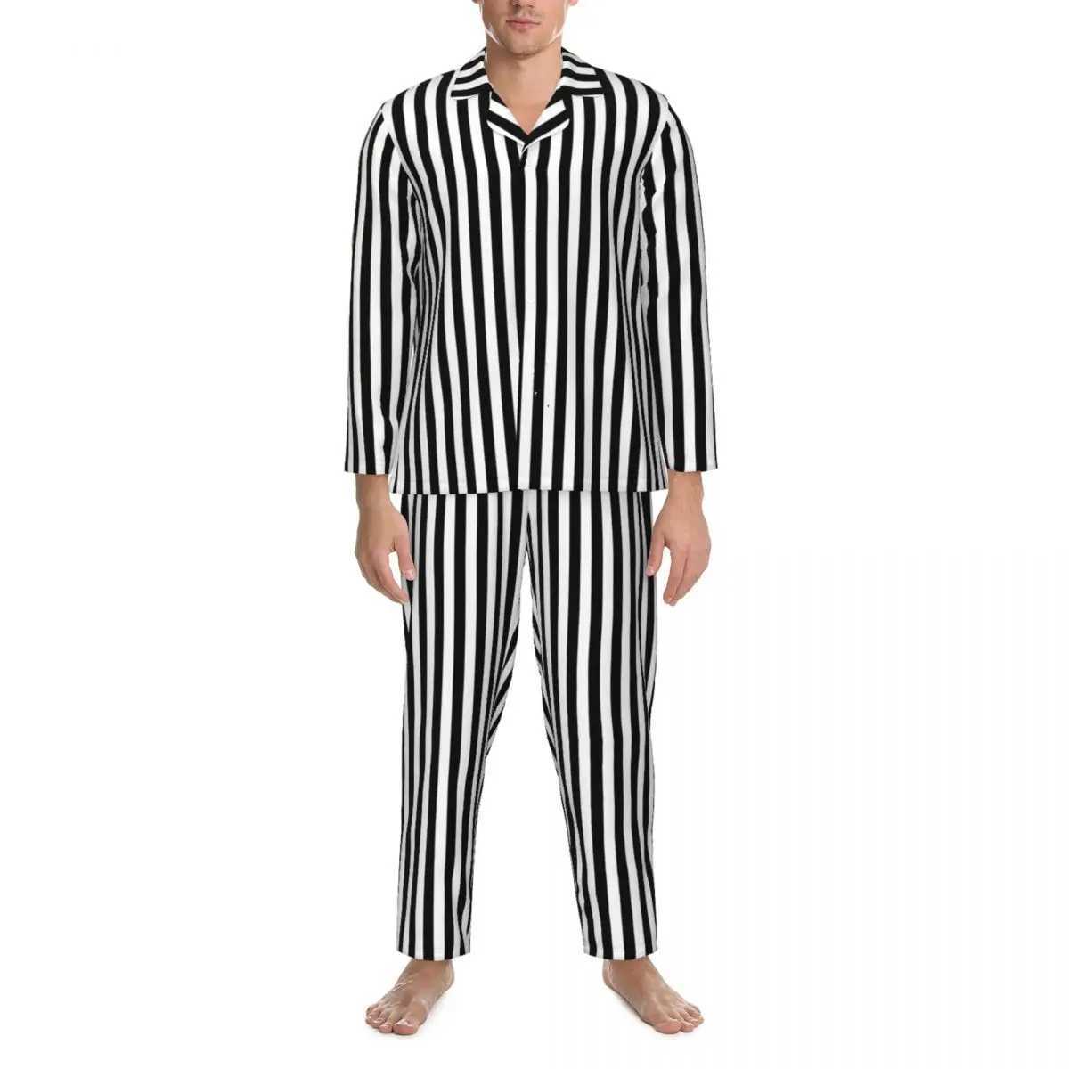 Black and white striped pajamas with spring vertical line printing casual oversized pajamas set mens long sleeved fashionable home setW240719