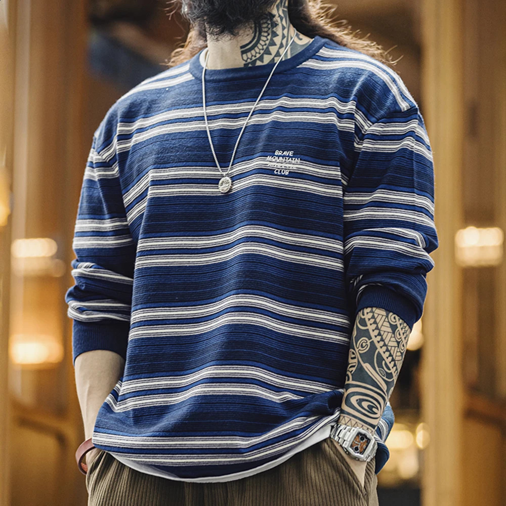 Maden Casual Contrasting Color Striped Knitwear Cityboy O-Neck Long Sleeve T-shirt Breathable Comfortable Spring Autumn Clothes 240820