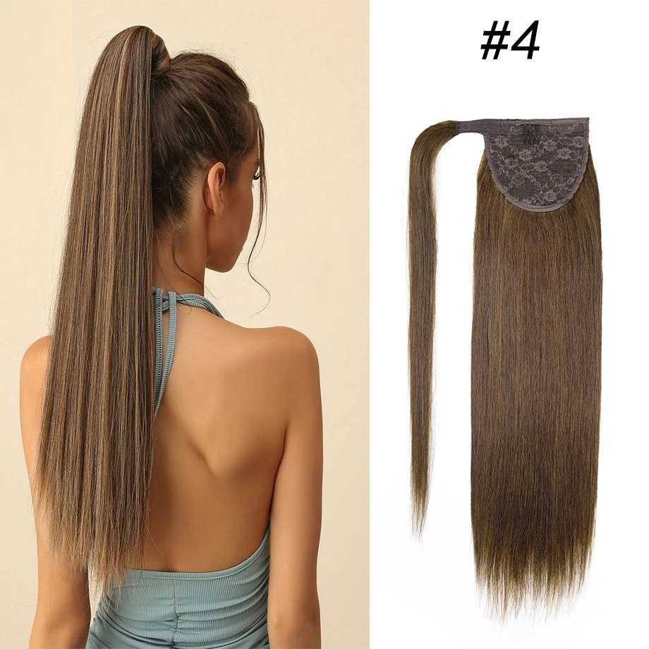 100% artificial hair ponytail with clip on magic cream invisible ponytail wrapped around a soft straight ponytail W240817