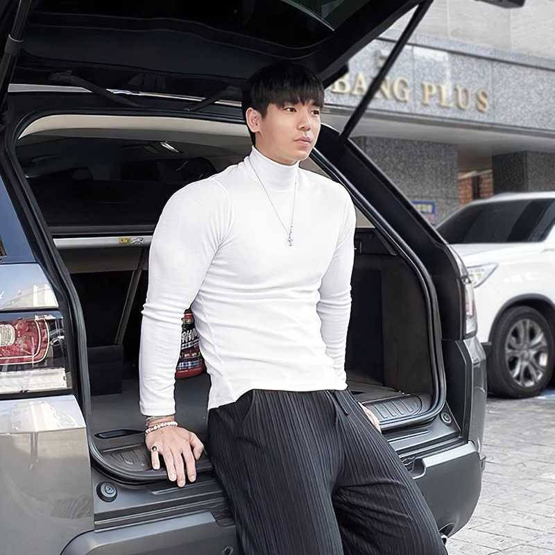 Autumn New Turtleneck T Shirts Men Knitting Shirt Slim Fit Fitness Elastic Clothes Long Sleeve T-Shirt Casual High Neck TopsXJ240819
