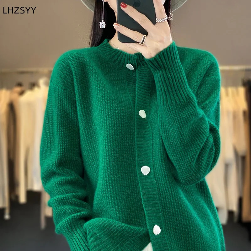 Womens 100% Merino wool knitted cardigan autumnwinter round neck casual jacket loose and warm womens top bottom shirt 240819