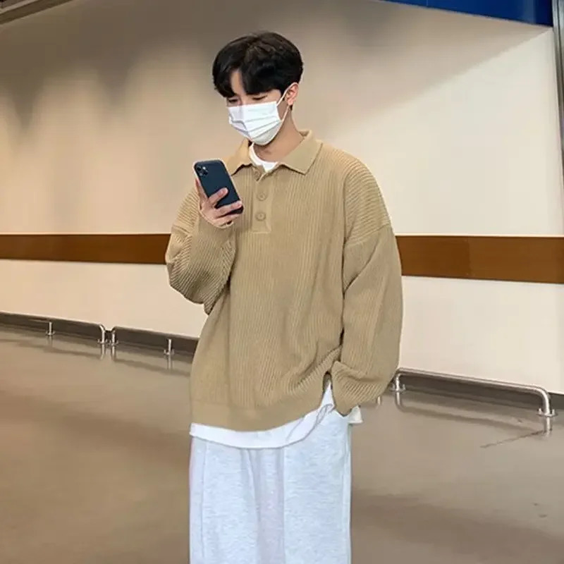 Knit Polo Sweat Shirt Mens Clothing Unicolor T Man Plain Xl Harajuku Fashion 90s Vintage Elasticity Emo One Piece Tee It A Top 240819