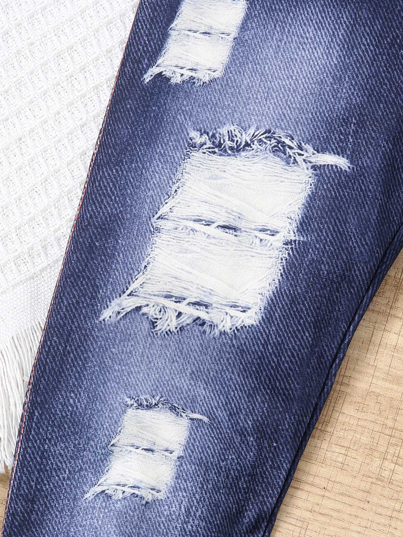 Spring and summer imitation denim childrens girls tear pocket pants fashion retro pantsW240819