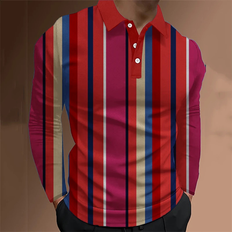 Fashion Mens Polo Shirt 3D Thin Line Stripe T-Shirt Top Summer Long Sleeve Polo Shirt Colorful Pattern Tee Casual Male Clothes 240820