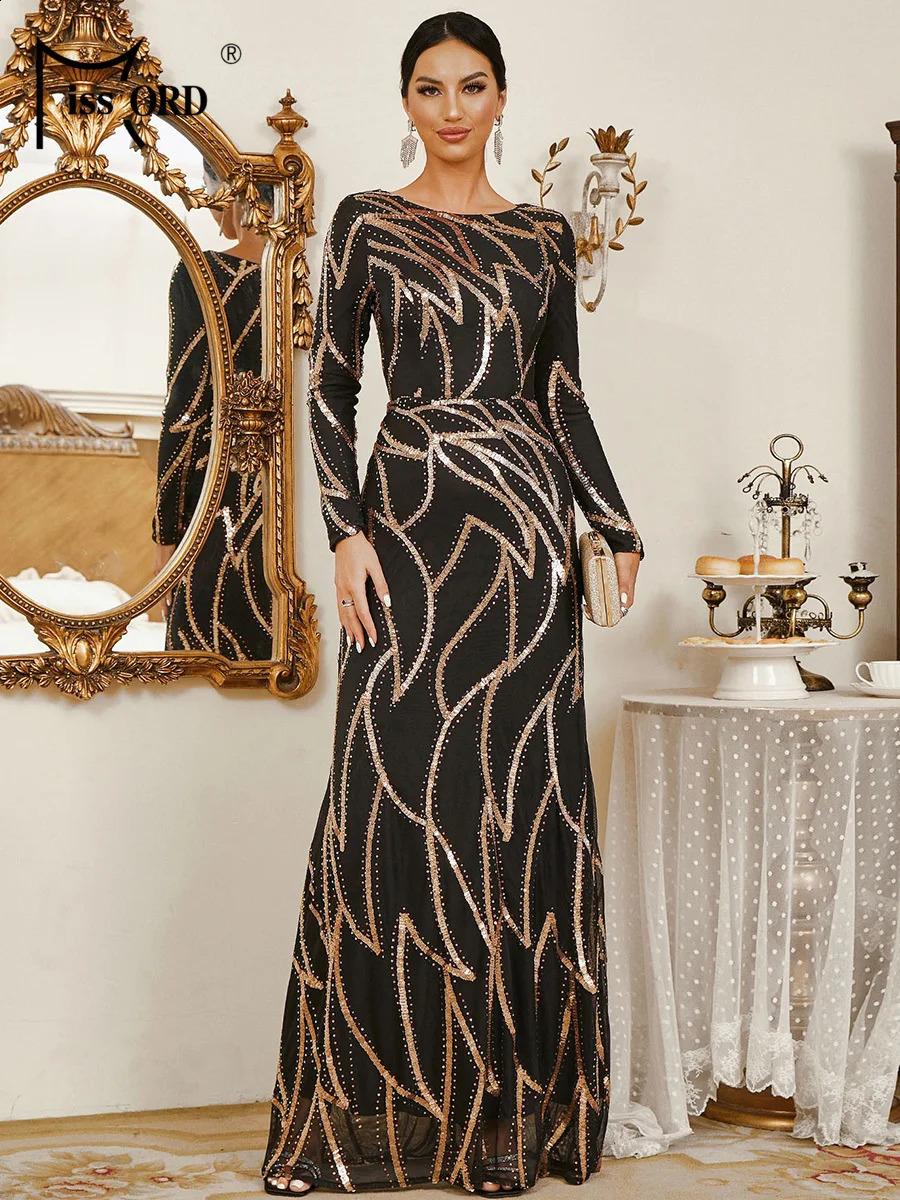 Missord Sequin Round Neck Long Sleeved Maxi Evening Gown Prom Party Dress 240819