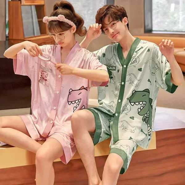 Mens silk sleepwear home V-neck set sleepwear adult sleepwear loose set sleepwear Korean womens couple cat animeW240719