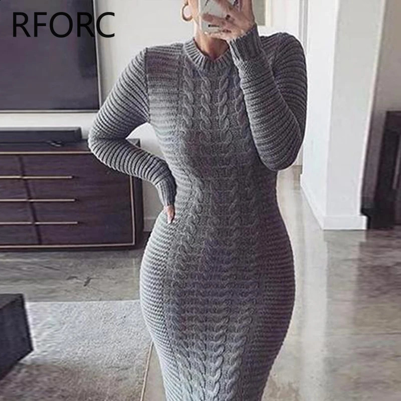 Women Solid Round Neck Long Sleeves Basic Maxi Knitting Skinny Dress 240819