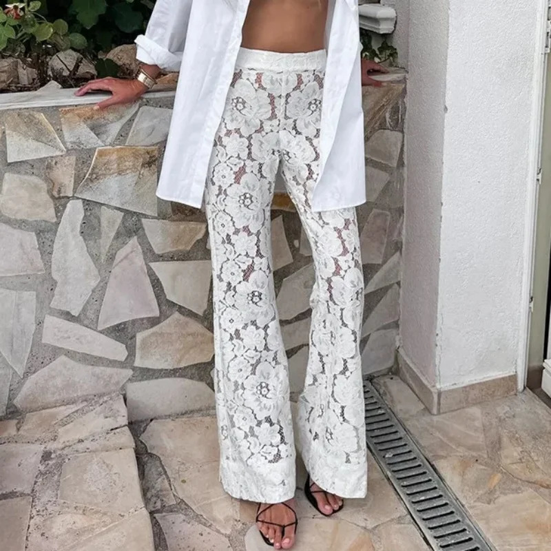 Women Sheer Lace Wide Leg Pants Y2k Floral Party Club High Waist Long Trousers Female Flare Pants Street Wear White Yuqung 240819