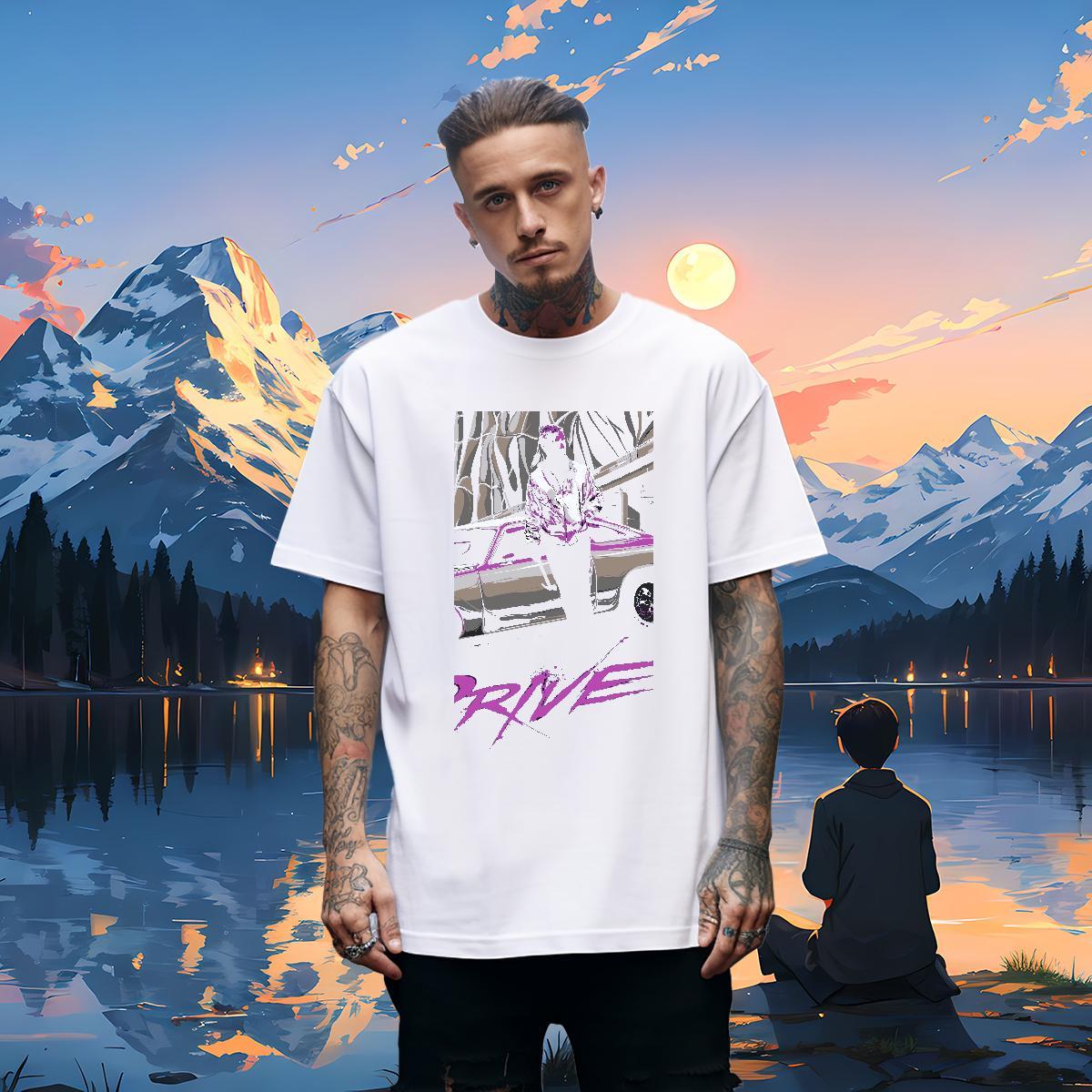 Loose Fit car 230g Pure Cotton Couples T Shirts Daily Outfit Crew Neck Breathable Man T Shirts Free Shipping Floral Print Tops