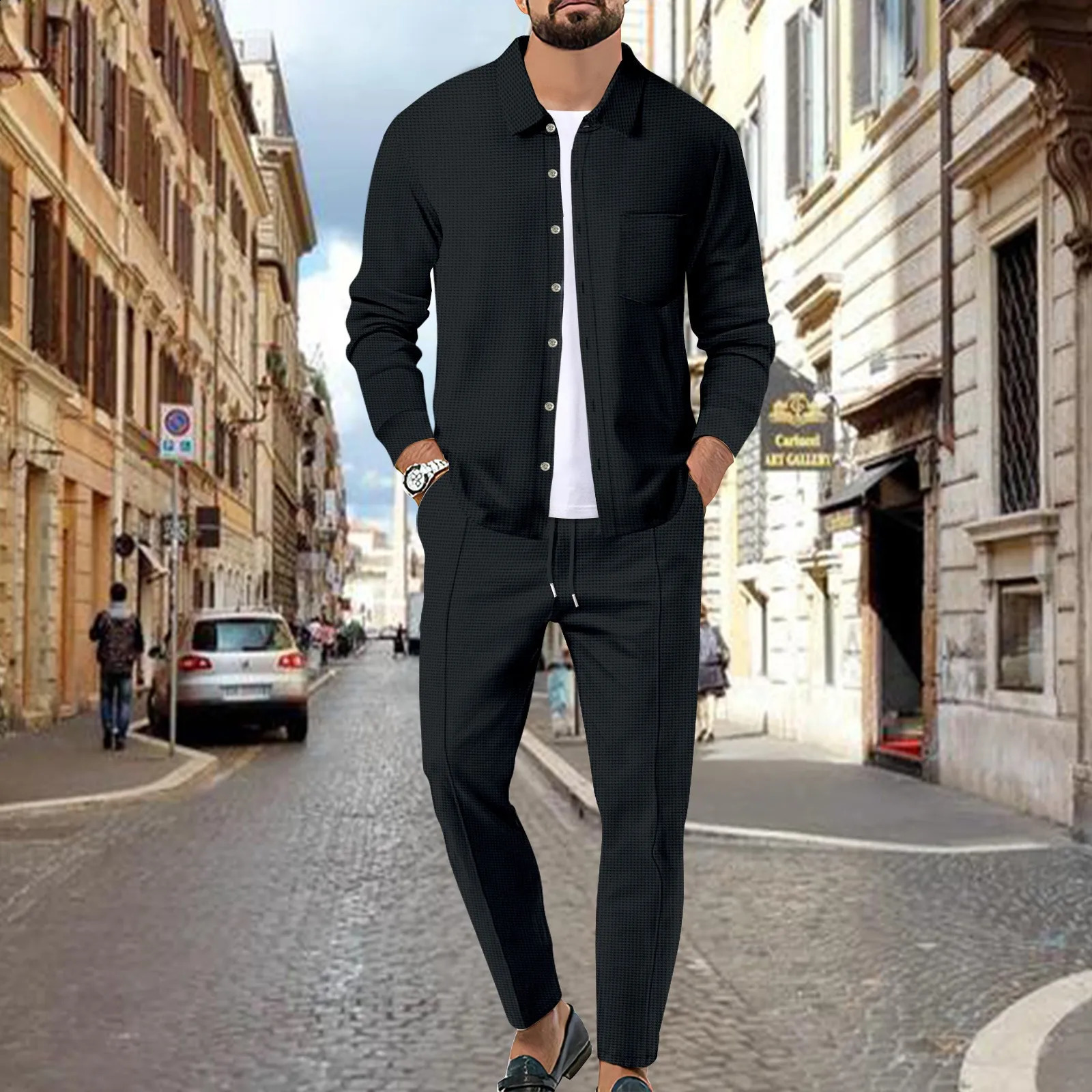 Mens summer casual long sleeve button cardigan shirt Waffle daily pants two sets 240819