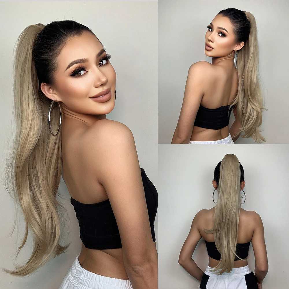 Long Sandy Blonde Staright Hair Extension Clip in Claw Hair Synthetic Ponytail Wig Black Female High Temperature Wig W240817