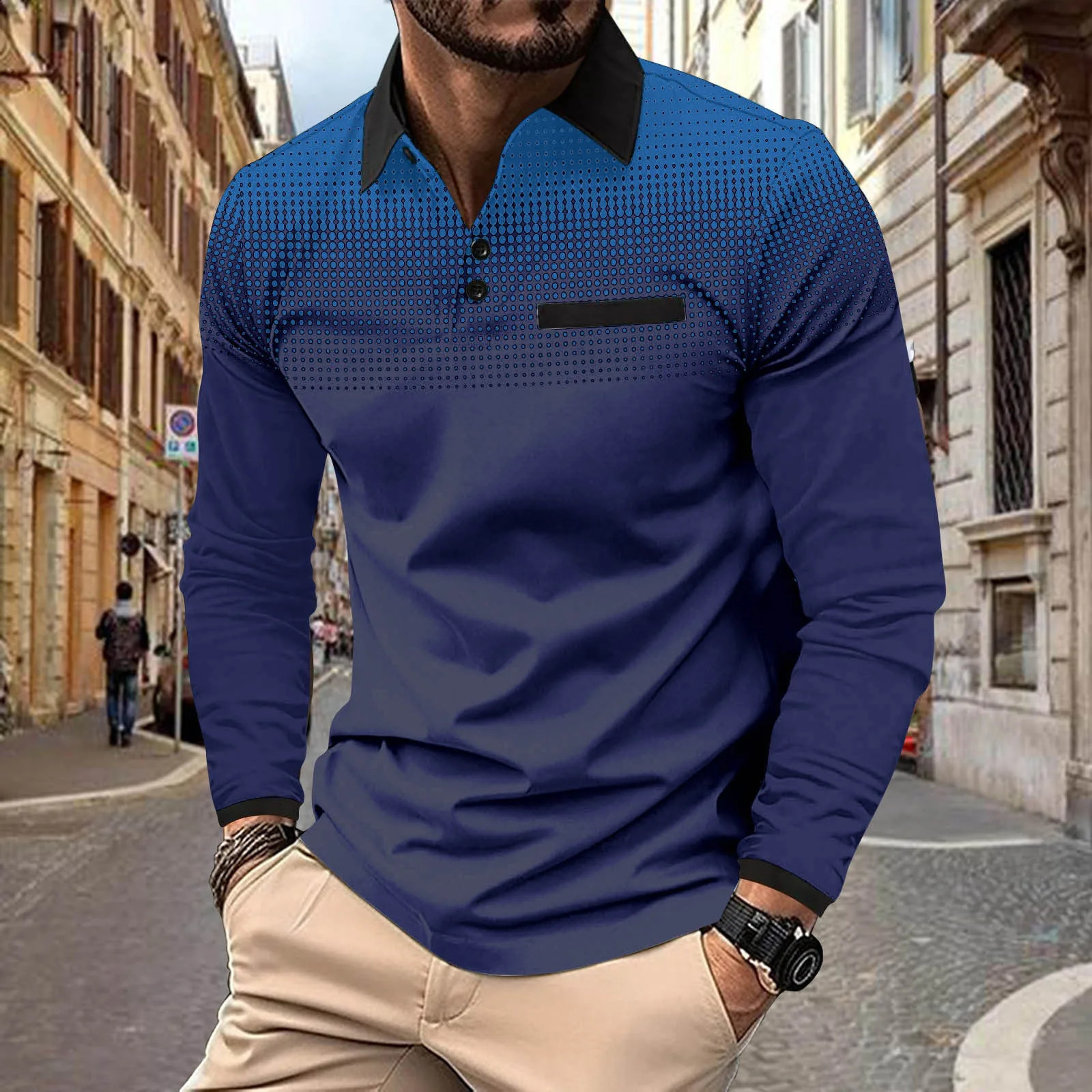 Spring and autumn mens top dad long-sleeved printed polka dot lapel sport loose T blood lapel shirt 240820