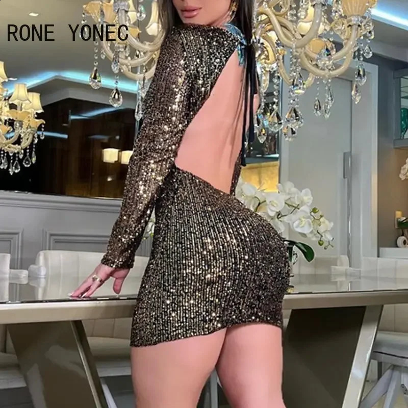 Women Chic Solid Sequins Sexy Long Sleeves Lace Up Backless Mini Bodycon Party Dresses 240819
