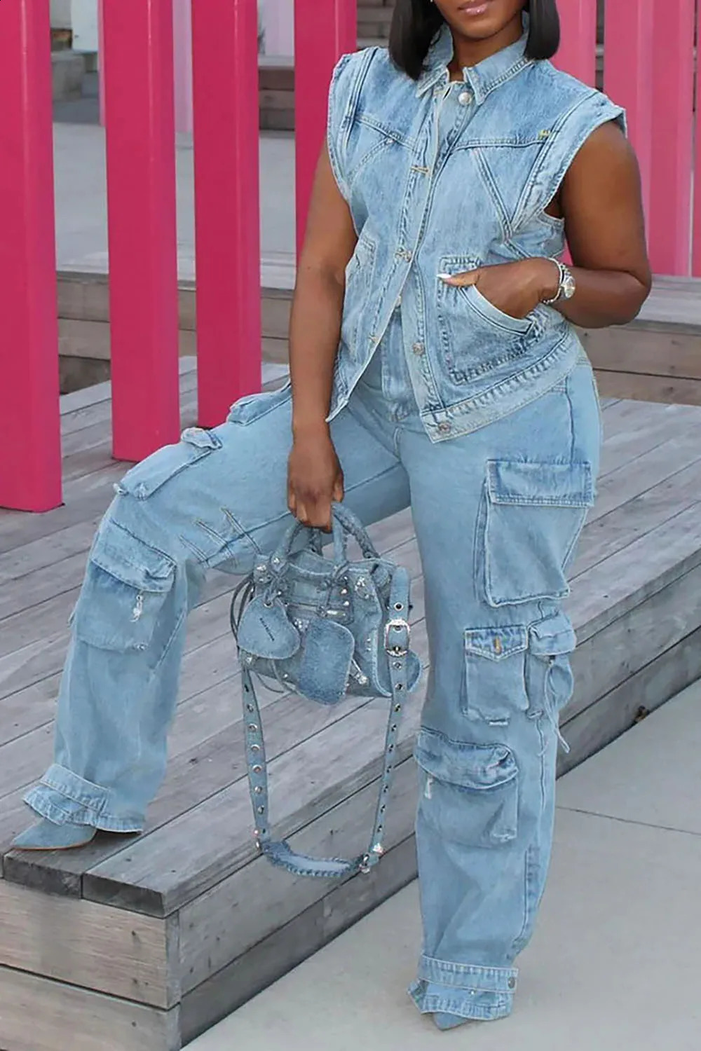 Women Jean Plus Size T shirt Laple Collar Sleeveless High Street Pockets Single Button Spring Cargo Cap Sleeve Vintage Denim Top 240819
