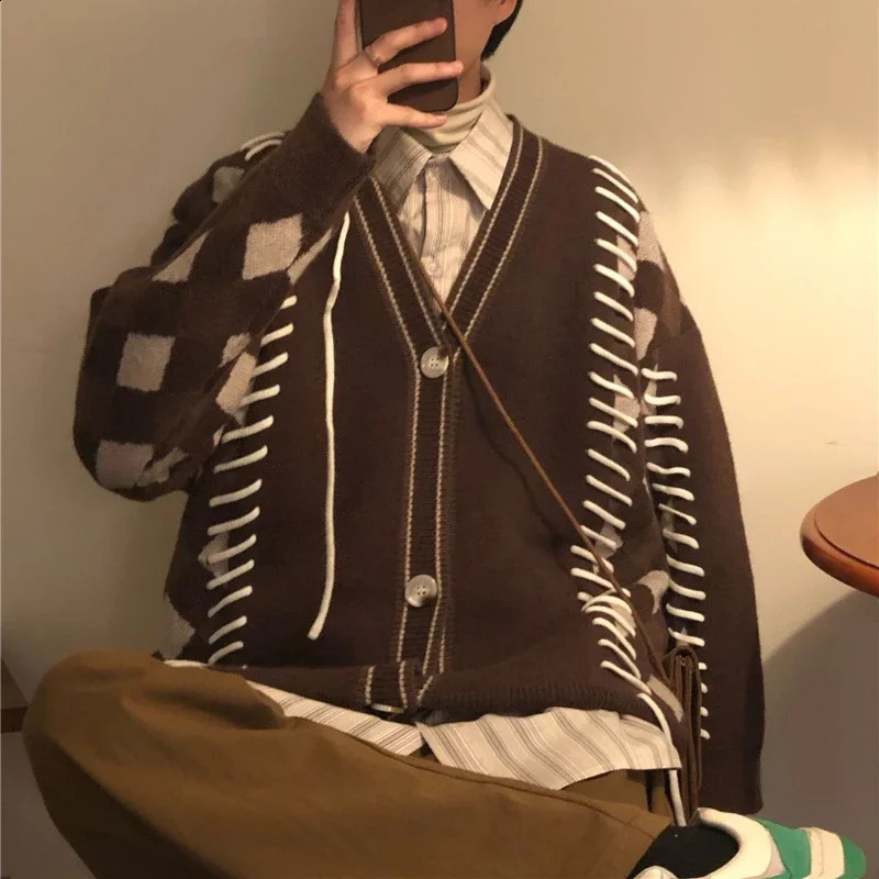 Men Casual Sweater Set Vintage Checkerboard CardiganStriped Long Sleeved ShirtTrendy Wide Leg Pants 3-piece Street Couple Suit 240819