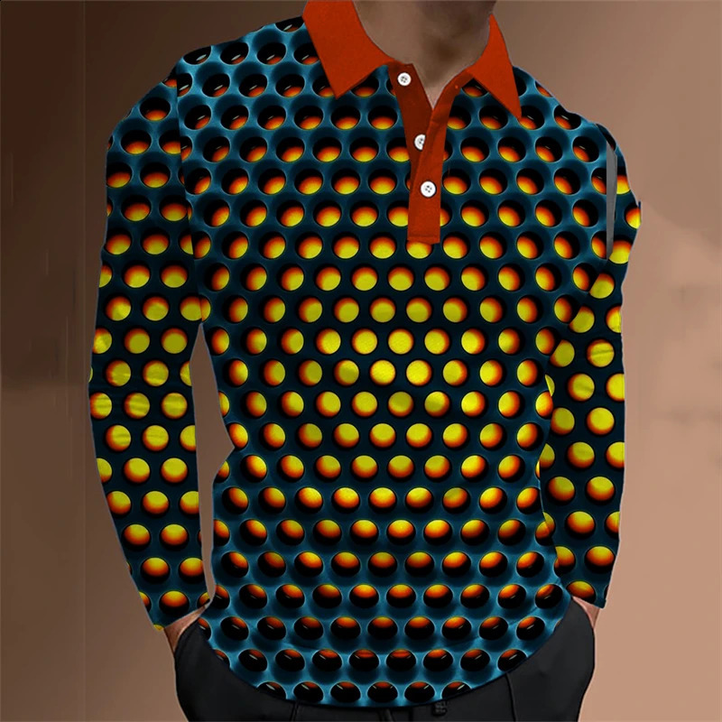 Fashion Mens Polo Shirt 3D Thin Line Stripe T-Shirt Top Summer Long Sleeve Polo Shirt Colorful Pattern Tee Casual Male Clothes 240820