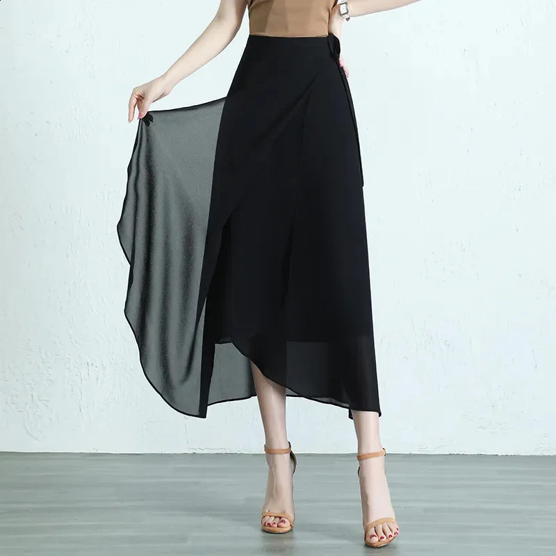 Summer Mid-Long Chiffon Skirt Women 2024 Fashion Loose Thin Culottes Black Elegant Skirts High-Waisted Lace-up Skirt Female 240820