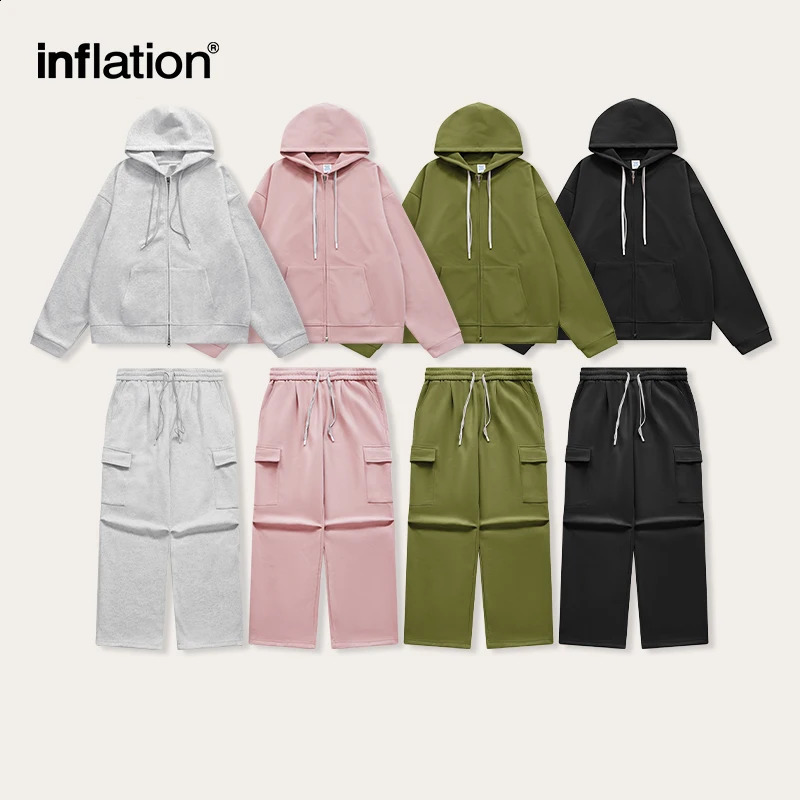 INFLATION Unisex Harajuk Oversized Tracksuit Trendy Pink Cargo Pants and Hooded Jacket Set Mens Hooodie Set 240819