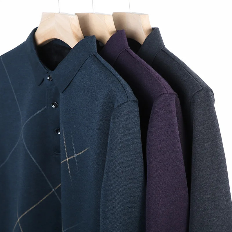 Business Office Casual Striped Solid Color Shirt Male Clothes Spring Autumn Loose All-match Mens Long Sleeve Polo-Neck Shirts 240820
