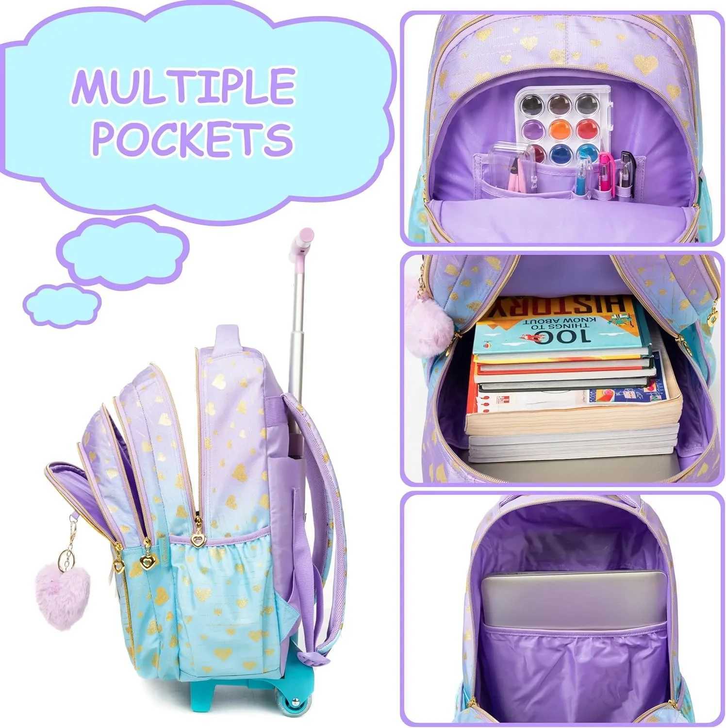 18Inch Trolley School Bags for Girls Children Travel Rolling Backpack School Trolley Bag Set with Lunch Bag Kids Wheeled Bookbag Y240820
