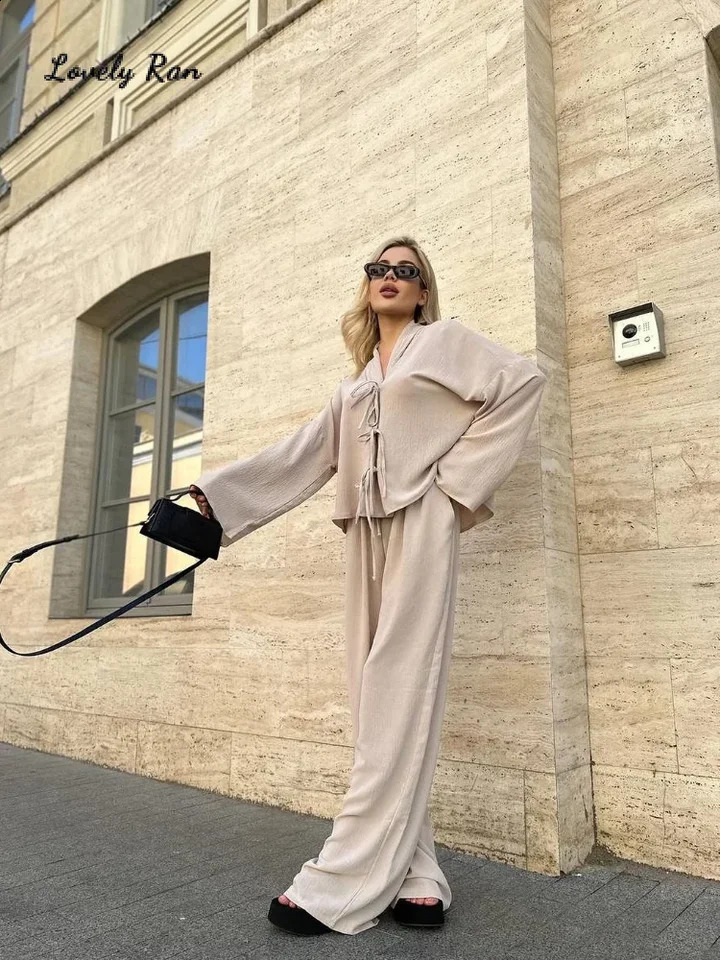 2024 Early Autumn Loose Lace Up Shirt Trousers Set Women Solid V Neck Hollow Out Cardigan Wide Leg Pants Street Lady Outfits 240819