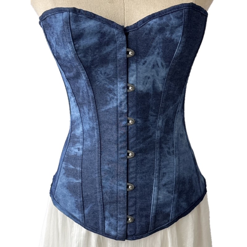 Retro Blue Denim Overbust Corset with Intricate Tie-Dye Pattern - Medieval Inspired Fashion S-3XL Plus Size for Cosplay and Renaissance Events