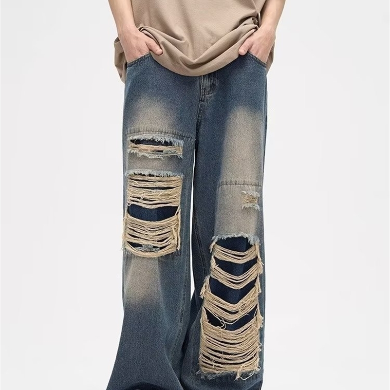 Y2K Man Jeans Korean retro hole repair jeans mens American style high street loose straight wide leg mopping trousers 240819