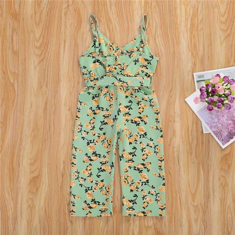 1-6 year old baby girl summer sleeveless jumpsuit with floral print V-neck jumpsuit childrens casual lace jumpsuit W240806