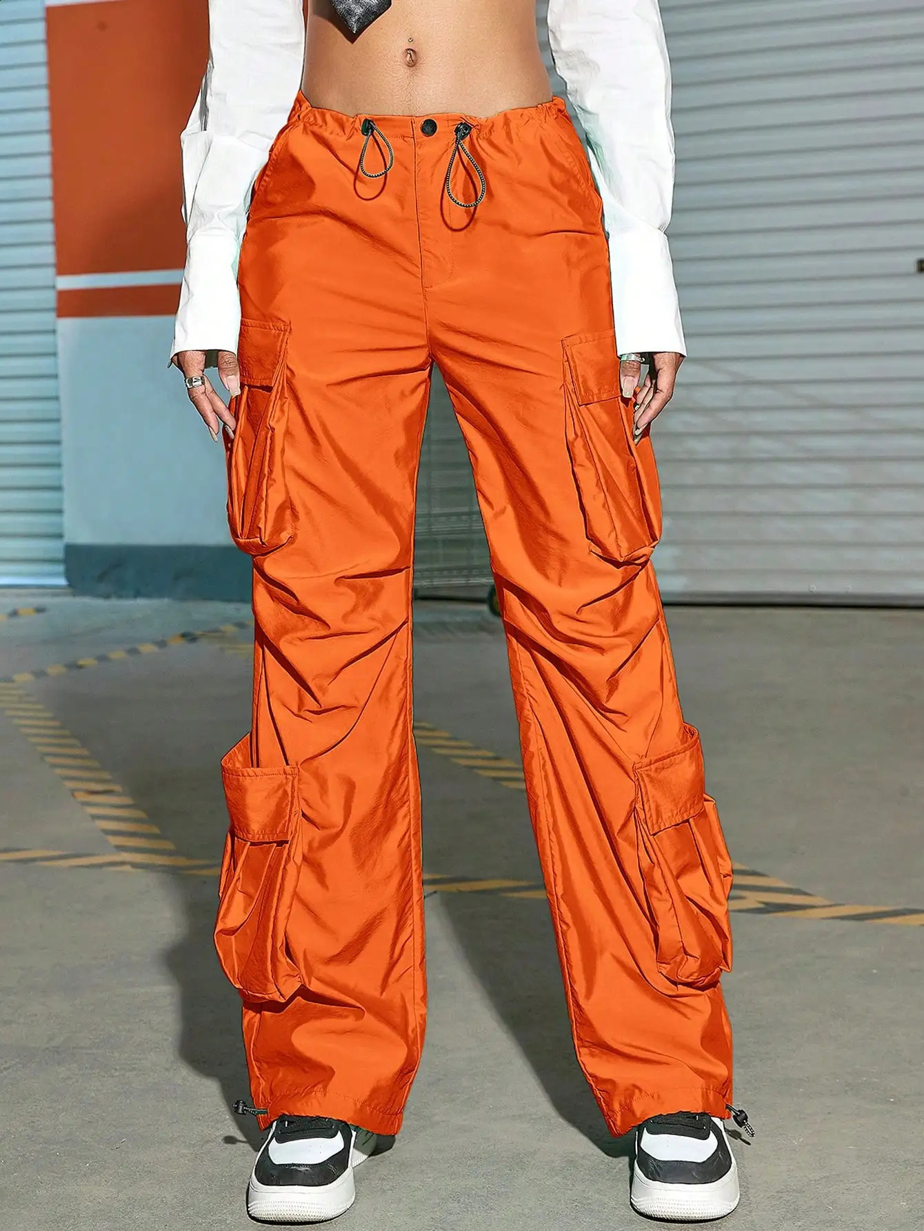 Elastic waistband tie pocket loose wide leg work pants 240819