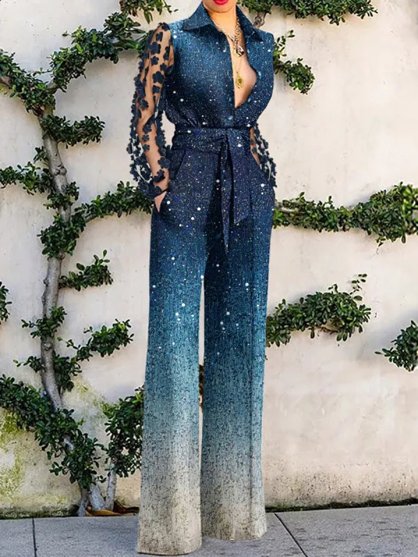 Womens jumpsuit summer fashion spring summer sexy lace panel womens sparkling jumpsuit street womens clothing 240820