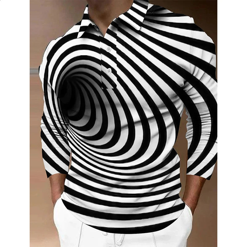 3D Print Optical Illusion Graphic Golf Polo Shirt For Men Oversized Long Sleeve Button Down Polo Shirts Clothing Apparel 240820