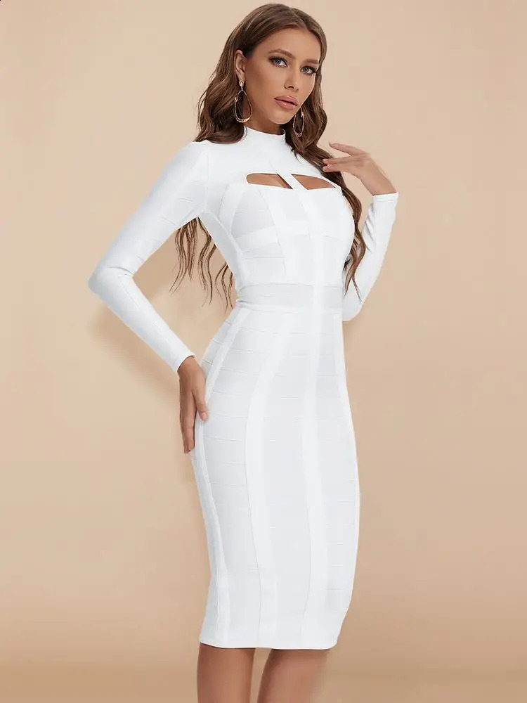 BEAUKEY Women White Hollow Out HL Bandage Dress Long Sleeve Bodycon Sexy Cut Out High Neck Party Red Black Midi Runway Dress XL 240819
