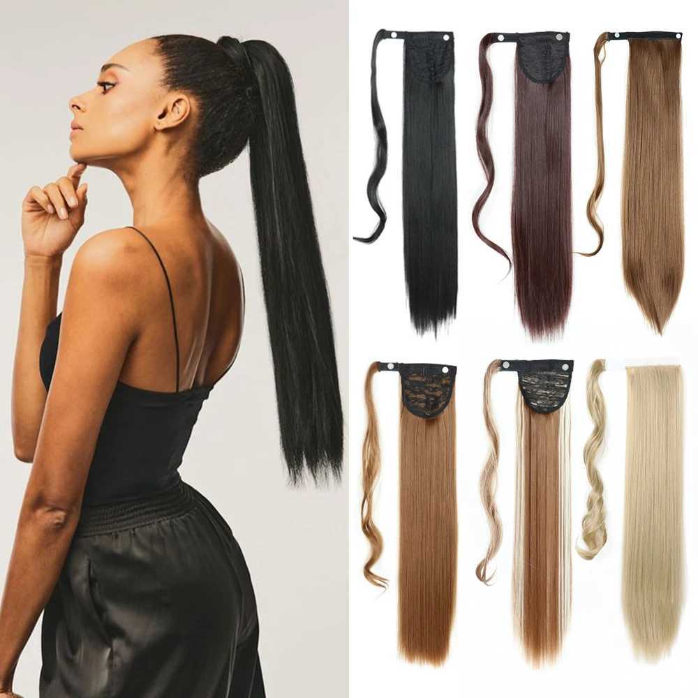 Synthetic ponytail with hair extensions clipped onto a fake wig with blonde hair wrapped around the braid a long and smooth ponytail W240817