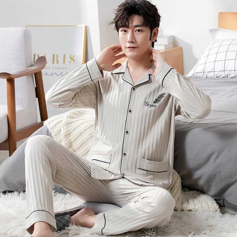 L-5XL Autumn Luxury Pajama Knitted Cotton Mens Pajama Set Long Sleeve Pajama Plus Size Pajama PJW240719