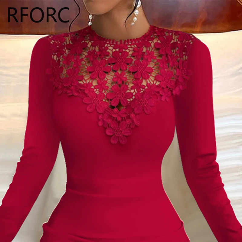 Women Hook Flower Hollow Solid Round Neck Long Sleeves Basic Mini Dress 240819