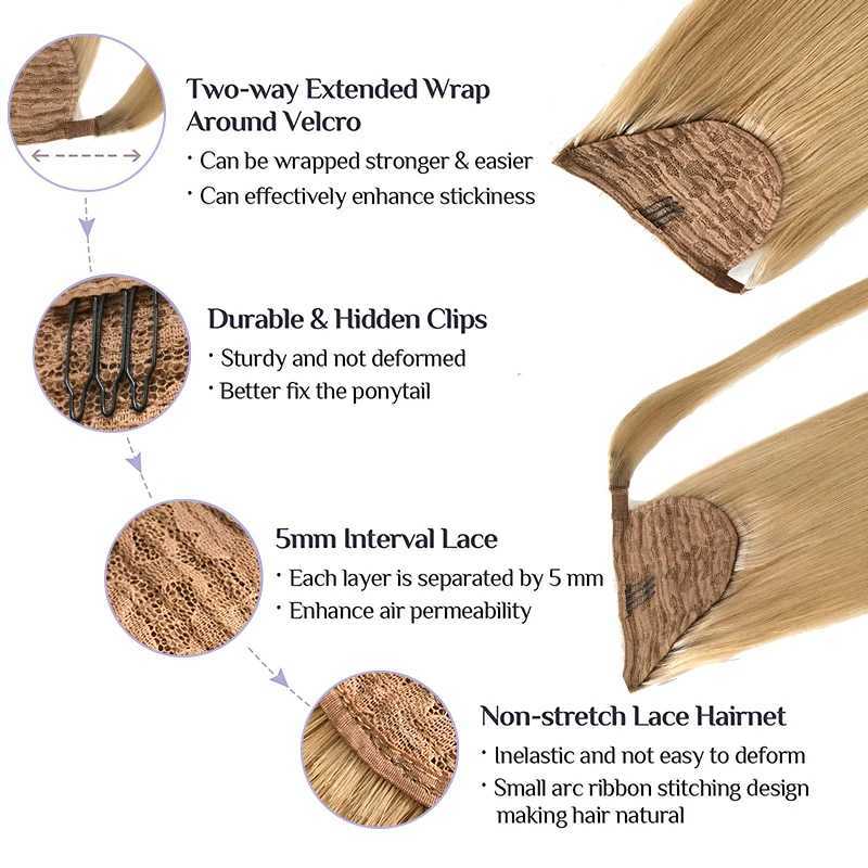 QHP straight ponytail human glowing smooth wrap ponytail hair clip in hair extension Brazilian ponytail natural hair- W240817