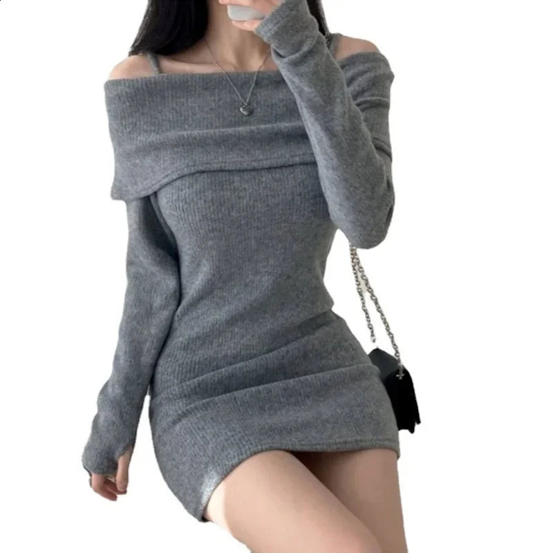Off Shoulder Suspender Lapel Knit Dress Women Korean Sexy Slim Bottomed Mini Dresses Autumn Winter Solid Suspender Sweater Dress 240819