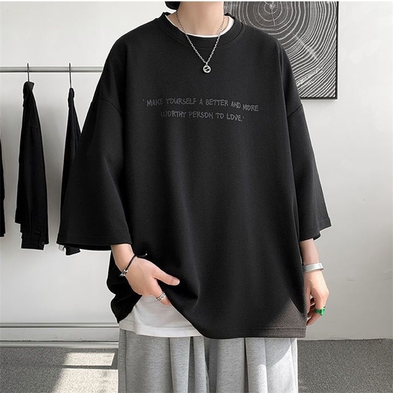 Summer Y2K High Street 34 Sleeve T-Shirts Man Round Neck Printing Oversize Tops Loose Personality Hip Hop Streetwear 240819