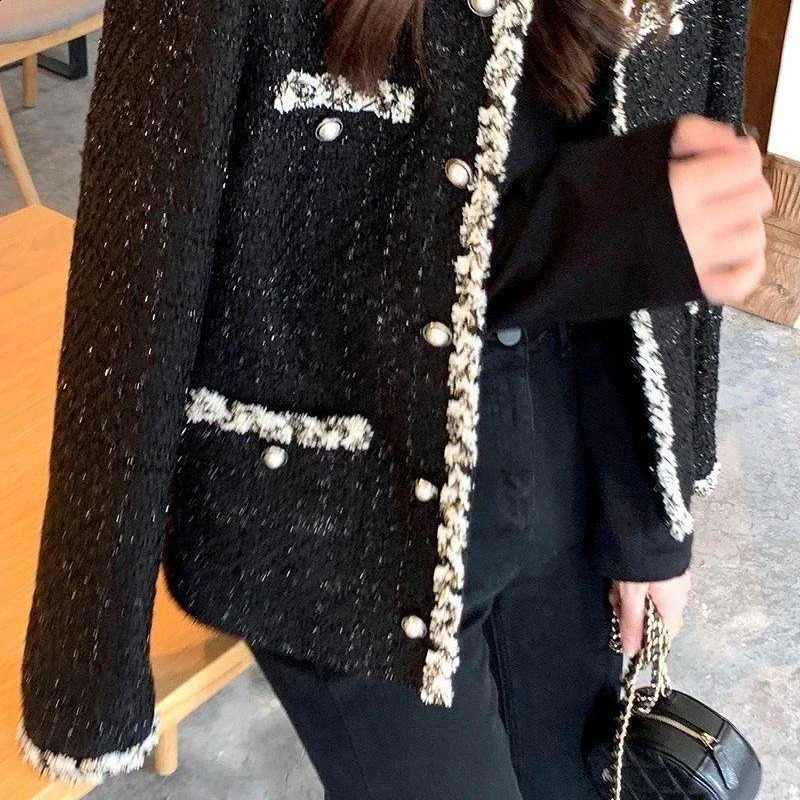 French Tweed Womens Jacket Autumn Korean Woolen Short Outerwear Elegant Black Plaid Coat Pockets Office Short Woman Clothing 240819